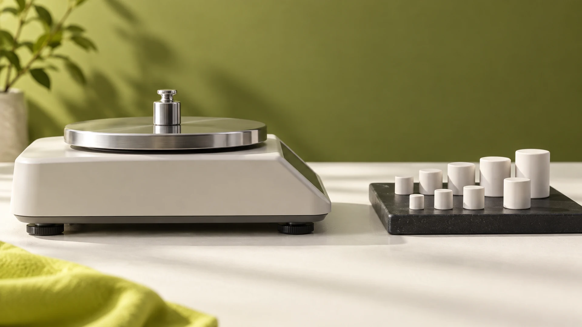 A precision balance with a calibration weight beside small geometric cylinders on a tray.