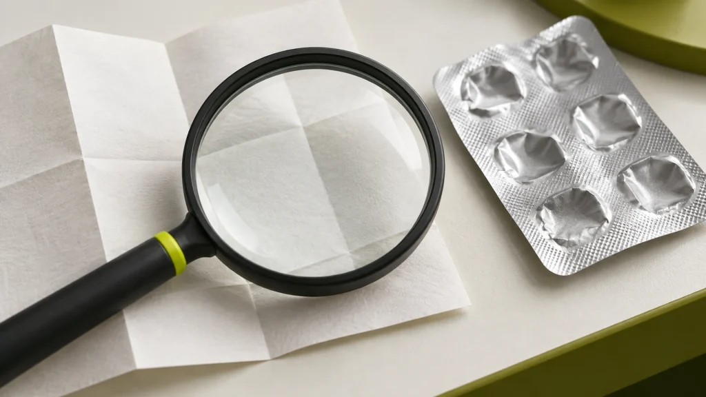 A magnifying glass over folded paper beside an empty aluminium blister.