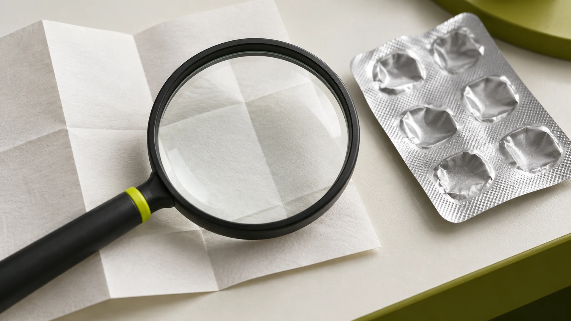 A magnifying glass over folded paper beside an empty aluminium blister.