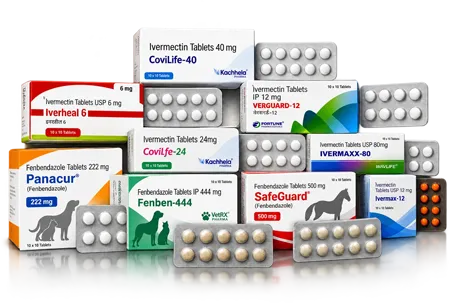 Illustrative collection of Ivermectin and Fenbendazole products, including medicine boxes and tablet blister packs.